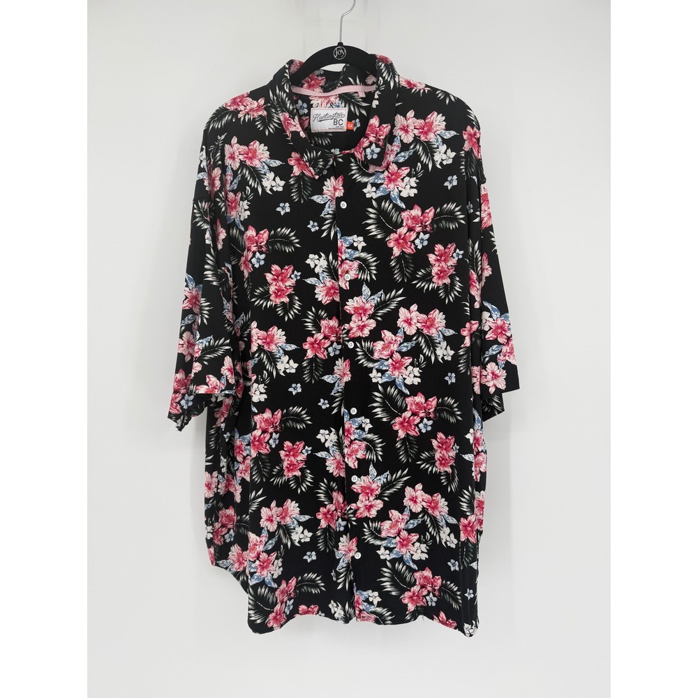 Huntington BC Mens 5X Black Floral Hibiscus Tropical Rayon Button Down Shirt